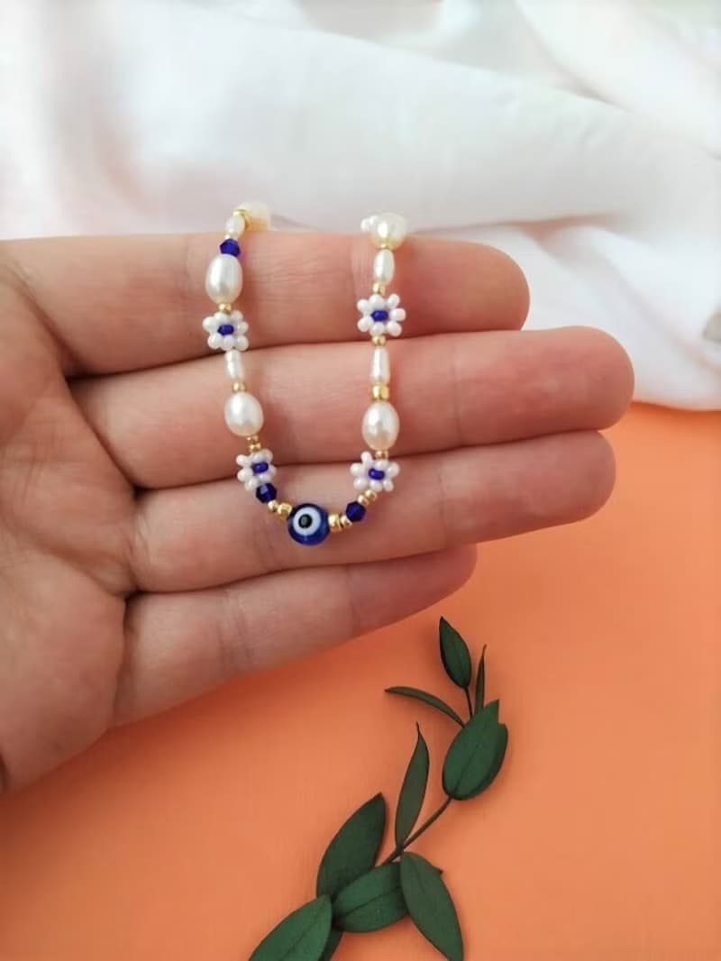 Evil eye bracelet. Blue pearl evil bracelet. Pearl evil eye. Protection bracelet