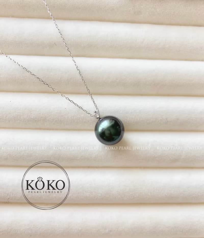 18k白金色10-11mm大溪地黑珍珠鑲鑽0.03ct吊墜 項鍊