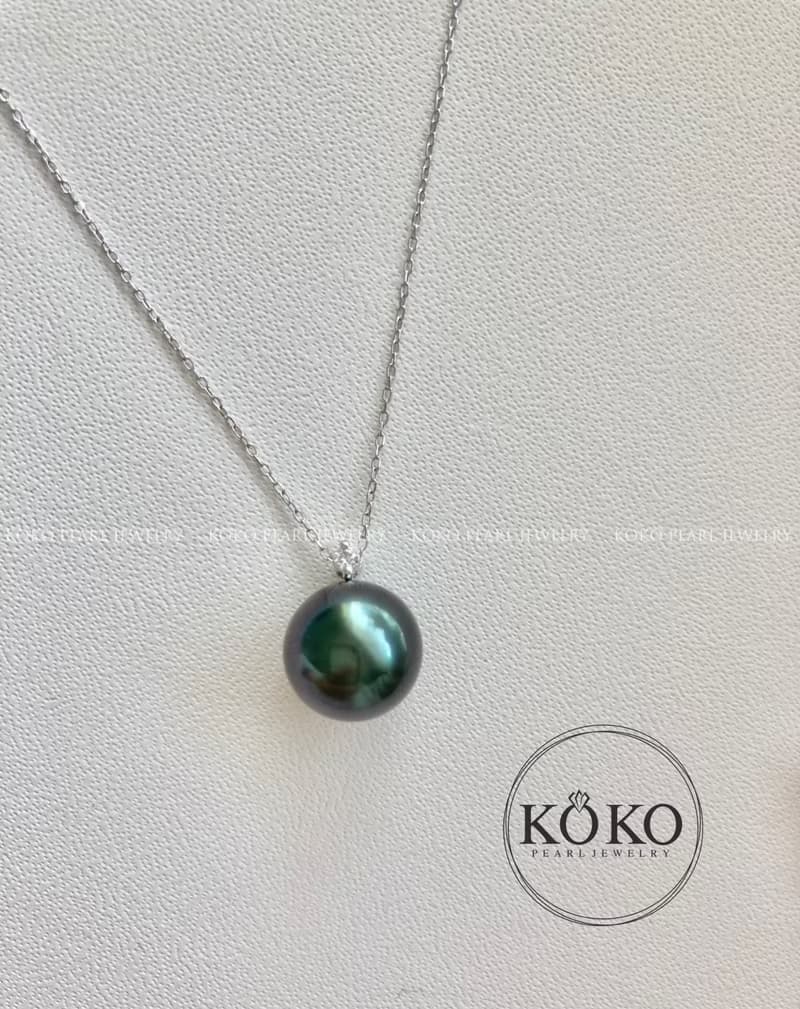 18k白金色10-11mm大溪地黑珍珠鑲鑽0.03ct吊墜 項鍊