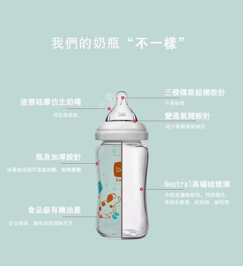 b&h 寬口徑玻璃奶瓶 240ml配貝赫奶嘴 (小豬)