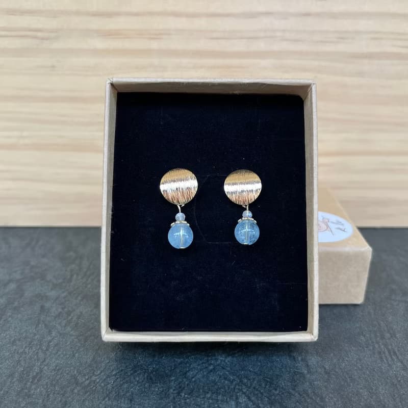 A Lu 天然海藍寶+白水晶 搭配鍍14K金配件耳環 原創手作 限量