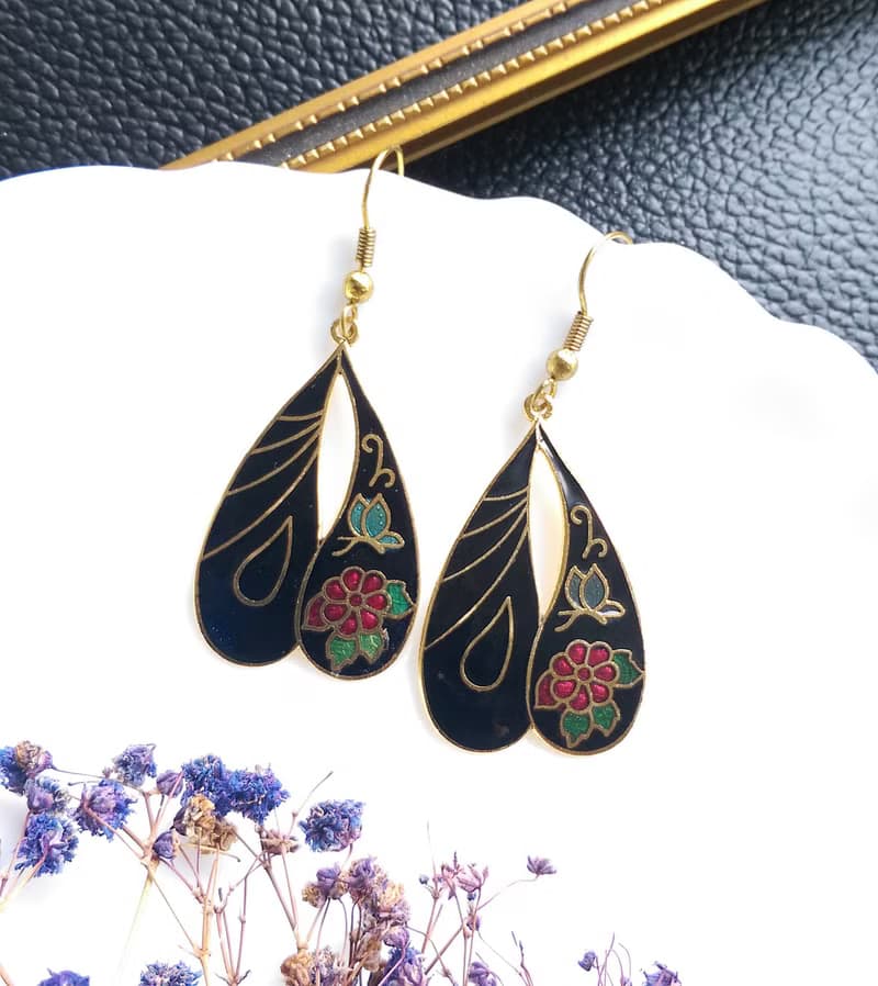 Vintage Jewelry 西洋古董飾品 小蝴蝶花卉 景泰藍 耳勾 針式耳環