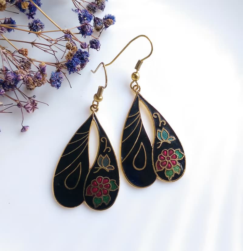 Vintage Jewelry 西洋古董飾品 小蝴蝶花卉 景泰藍 耳勾 針式耳環