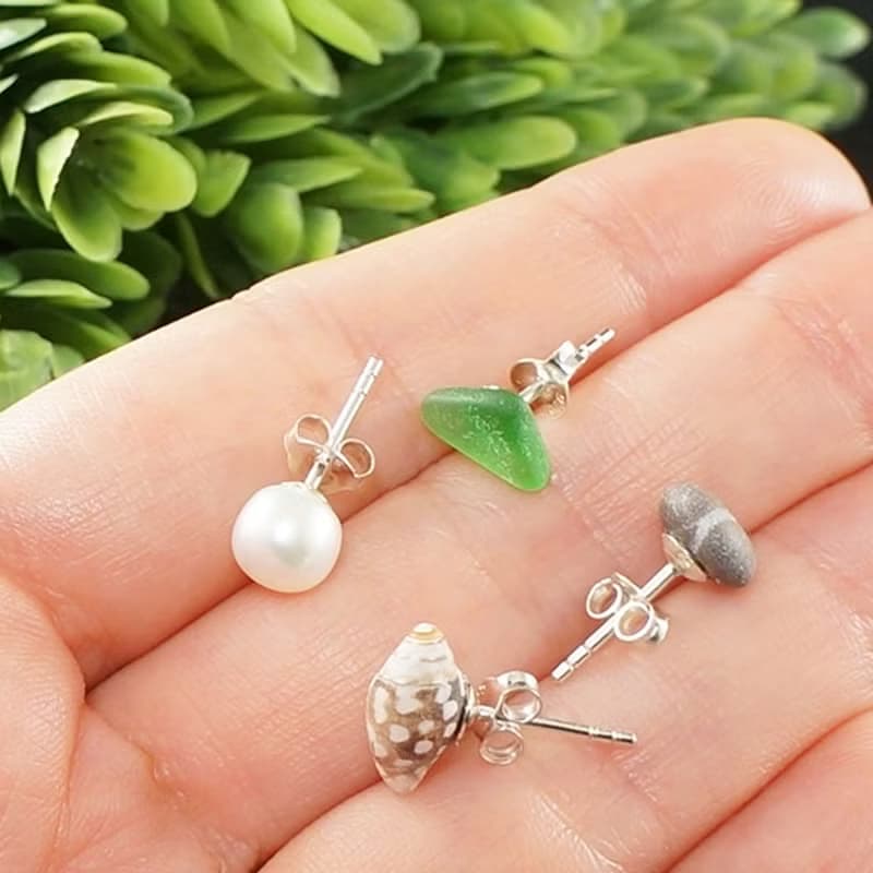 Post Earrings Set of 4 Silver Earring Posts Sea Glass Pearl Shell Pebble Studs