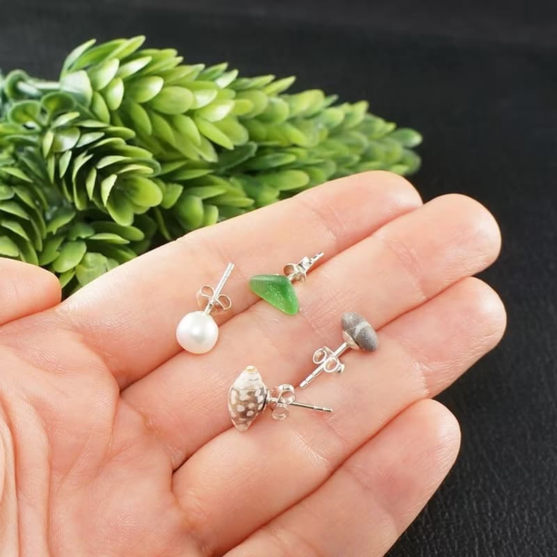 Post Earrings Set of 4 Silver Earring Posts Sea Glass Pearl Shell Pebble Studs