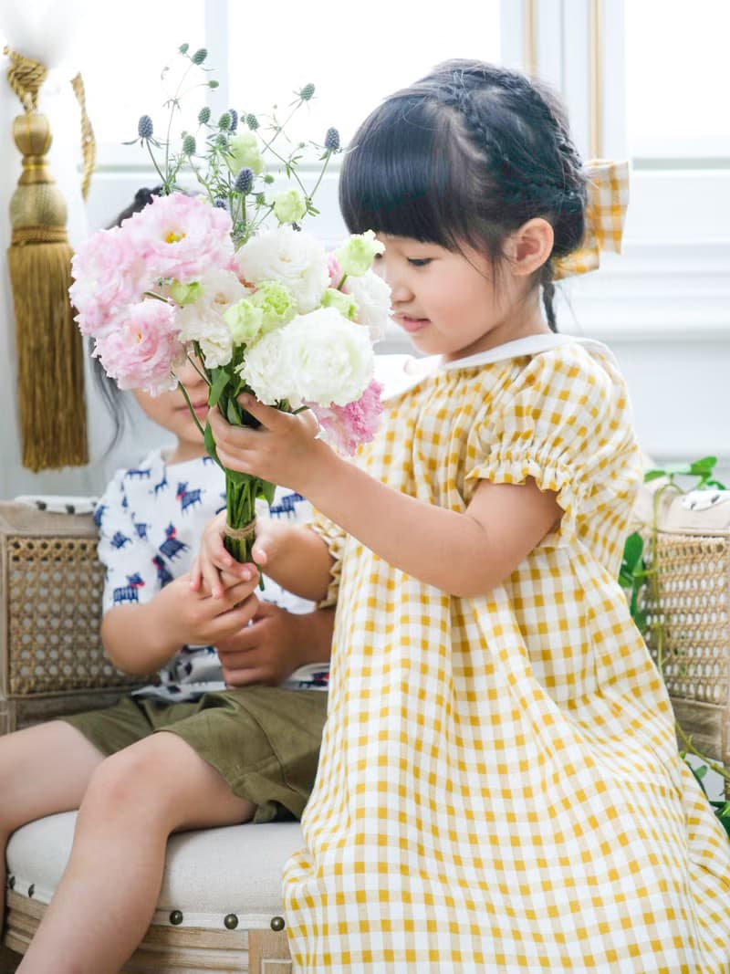Sophie法式經典小圓領黃格紋洋裝