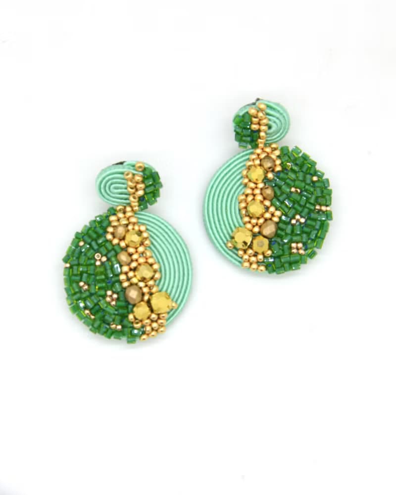 Round stud earrings Disk in gold and green color Christmas Gift Wrapping