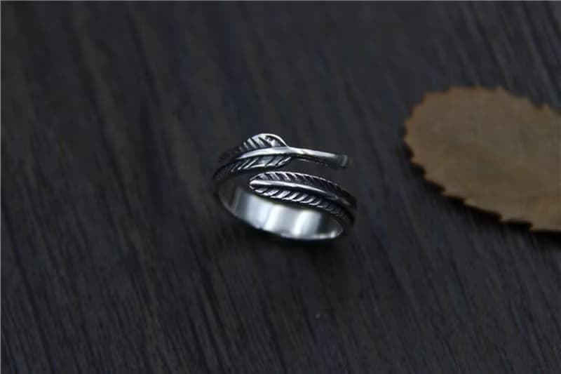 Real S 925 Vulcanized Thai Silver Handmade Black Leaf Open Rings Simple Fashion