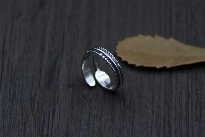 Real S 925 Vulcanized Thai Silver Handmade Black Leaf Open Rings Simple Fashion