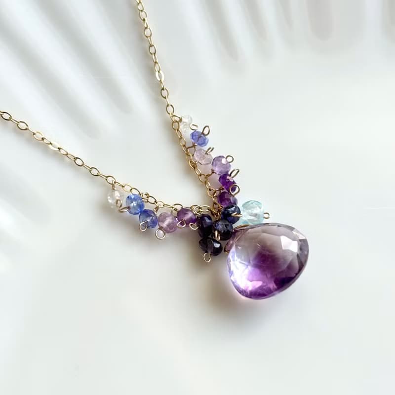14KGF 大顆紫水晶項鍊 獨一無二 / 堇青石 坦桑石 月光石 托帕石