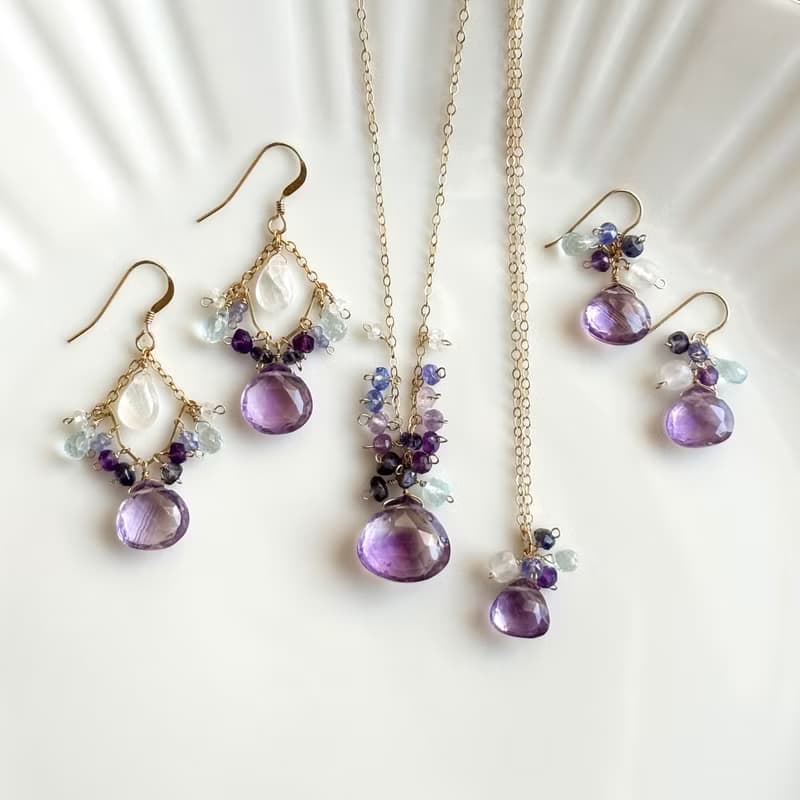 14KGF 大顆紫水晶項鍊 獨一無二 / 堇青石 坦桑石 月光石 托帕石