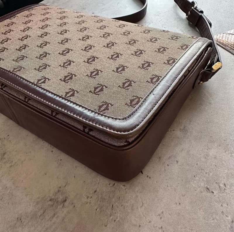 罕見 中古 Cartier 卡地亞 老花帆布皮革側背包 郵差包