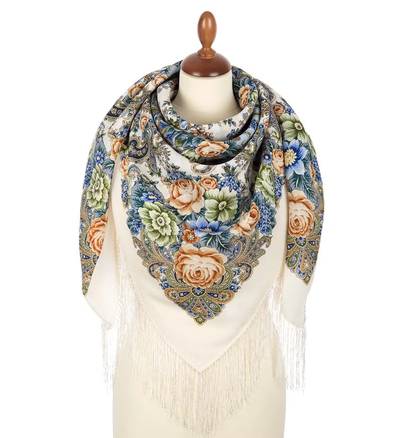 Pavlovo Posad Russian Shawl 100% Wool Scarf 125x125 cm Wrap Silk Fringe 1824-0