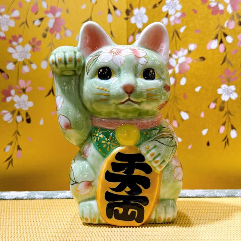 【織櫻映翠】日本清水燒招財貓 | 織部櫻