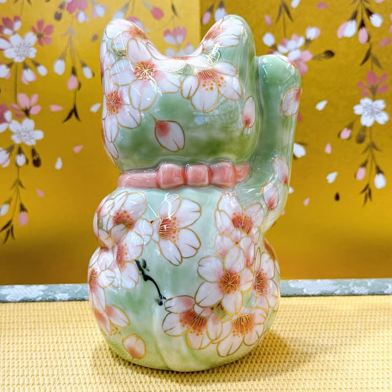 【織櫻映翠】日本清水燒招財貓 | 織部櫻