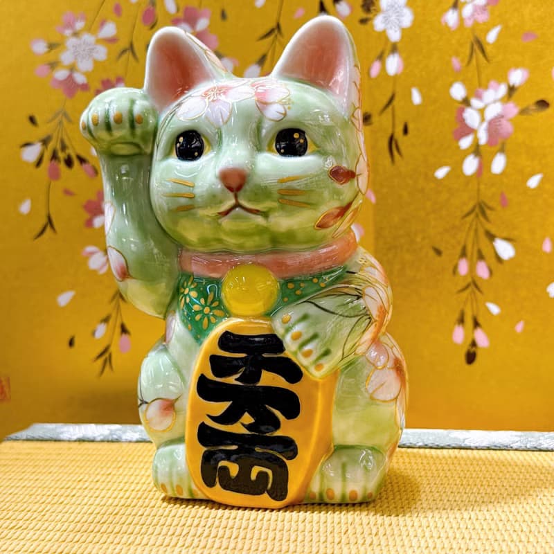 【織櫻映翠】日本清水燒招財貓 | 織部櫻