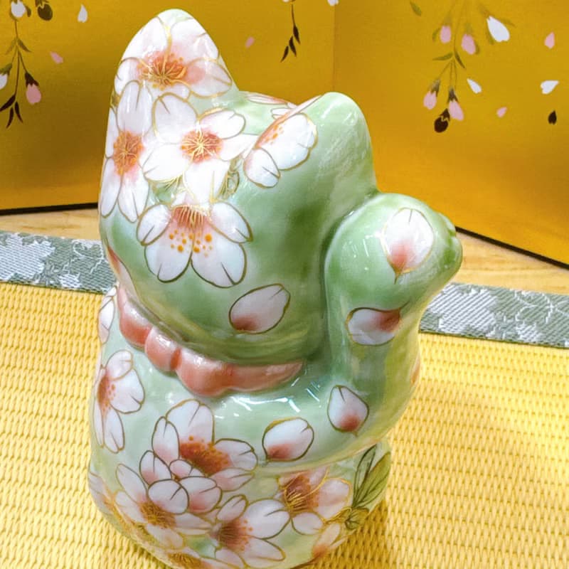 【織櫻映翠】日本清水燒招財貓 | 織部櫻