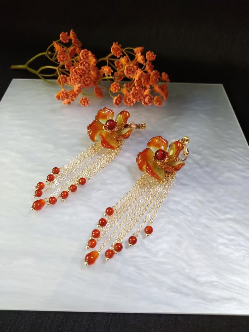 琉璃花系列【火焰】夾式耳環 瑪瑙 流蘇 僅此一件