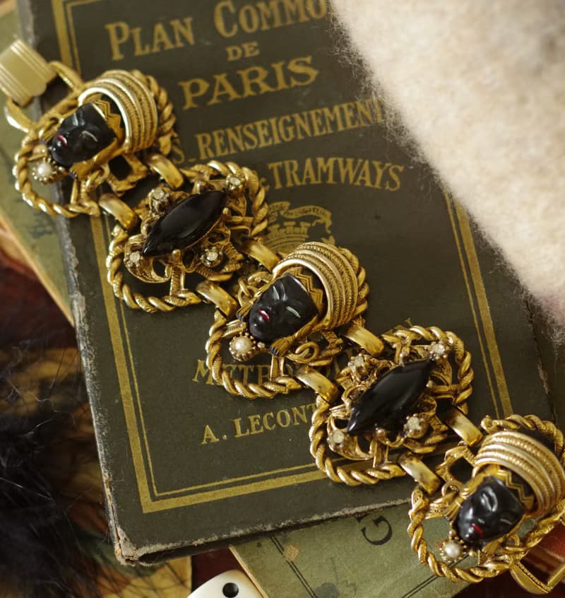 少見古董亞洲神秘臉孔金色公主手鍊 SELRO BR96