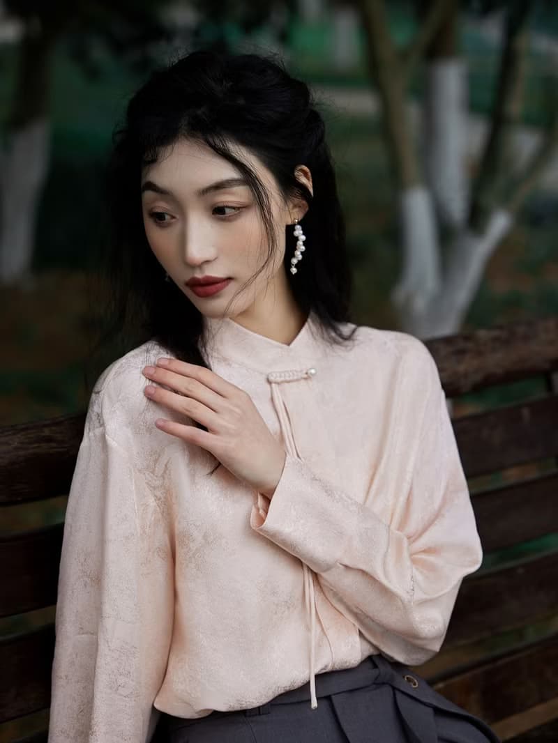 秋季中國風真絲襯衣 新中式提花桑蠶絲長袖粉色立領襯衫顯瘦上衣