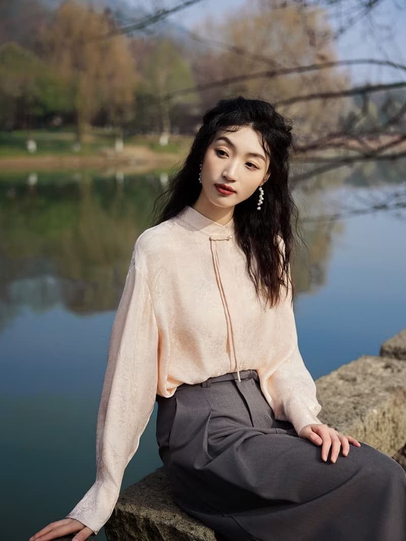 秋季中國風真絲襯衣 新中式提花桑蠶絲長袖粉色立領襯衫顯瘦上衣