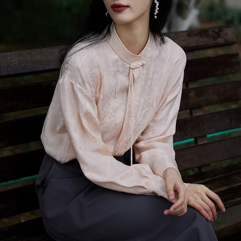 秋季中國風真絲襯衣 新中式提花桑蠶絲長袖粉色立領襯衫顯瘦上衣