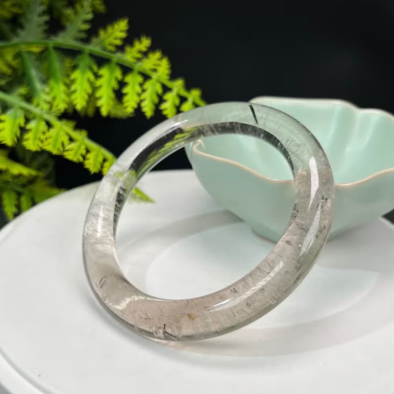 精品 茶晶黑髪晶共生手鐲 55+MM 冰透星光閃片圓條 友誼信任美好