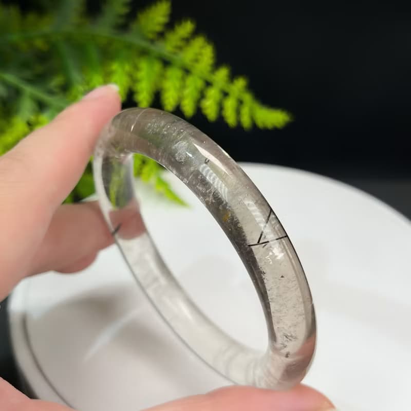 精品 茶晶黑髪晶共生手鐲 55+MM 冰透星光閃片圓條 友誼信任美好