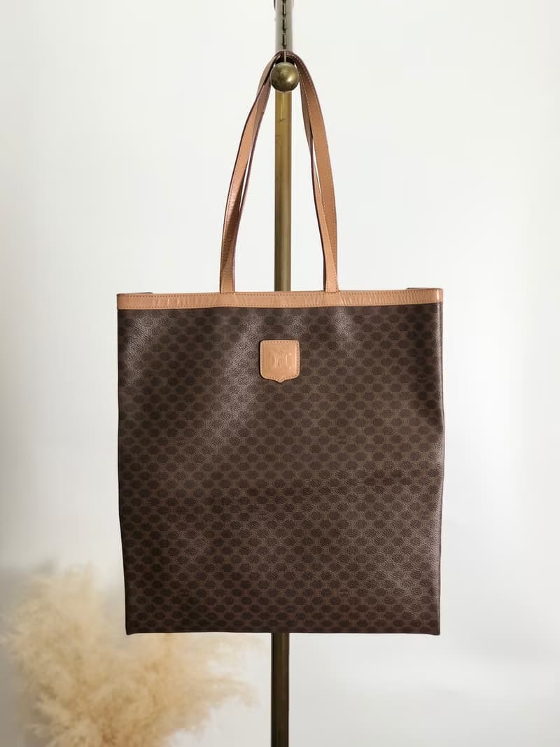 【 日本直送　名牌中古包 】CELINE セリーヌ マカダム ハンドバッグ ブラウン ブラゾン型押し PVC トートバッグ vintage fpujkf