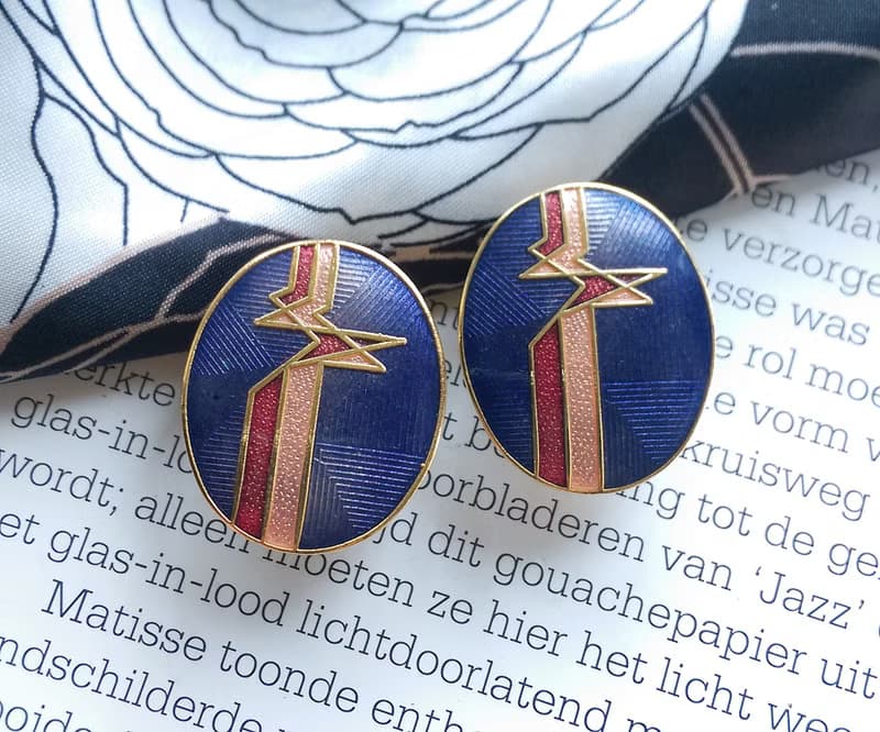 Vintage Jewelry  景泰藍 橢圓紫底 天堂鳥意象 夾式耳環