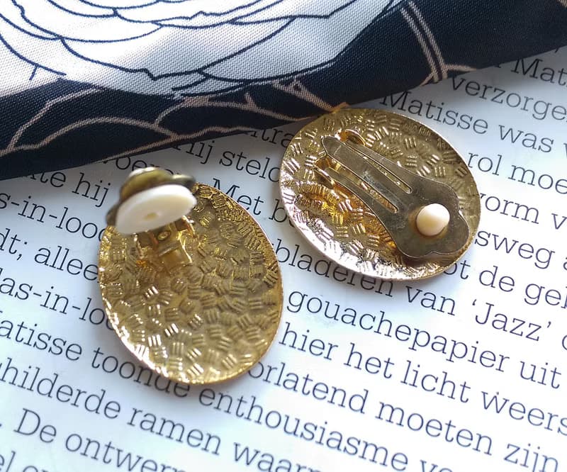 Vintage Jewelry  景泰藍 橢圓紫底 天堂鳥意象 夾式耳環