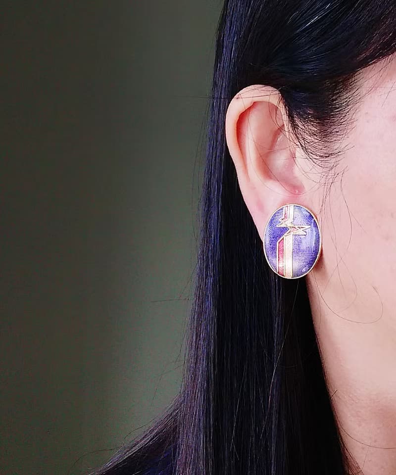 Vintage Jewelry  景泰藍 橢圓紫底 天堂鳥意象 夾式耳環