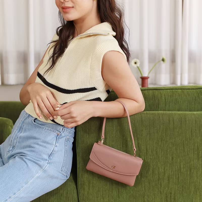 Millie (Tea rose) : Long wallet, Cow leather, Clutch, Crossbody bag, Nude pink