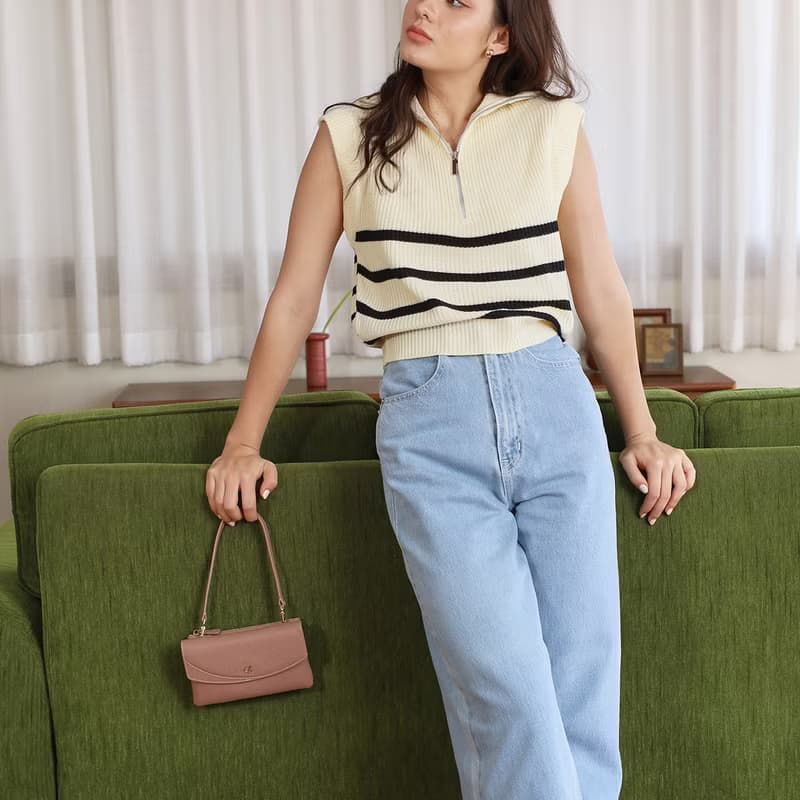 Millie (Tea rose) : Long wallet, Cow leather, Clutch, Crossbody bag, Nude pink