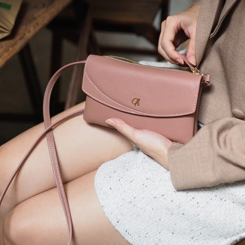 Millie (Tea rose) : Long wallet, Cow leather, Clutch, Crossbody bag, Nude pink