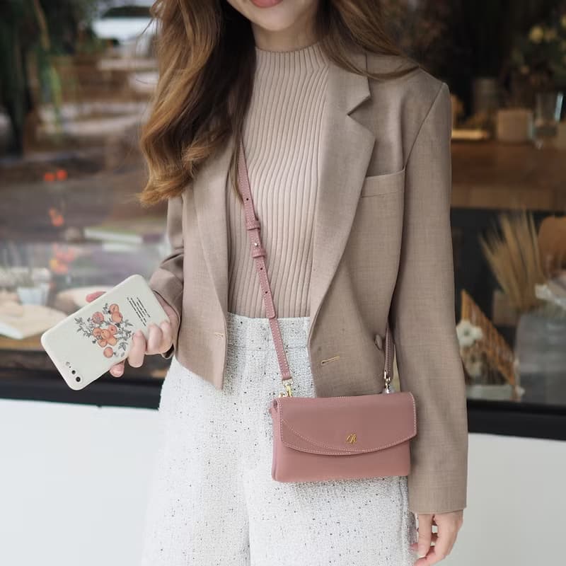Millie (Tea rose) : Long wallet, Cow leather, Clutch, Crossbody bag, Nude pink
