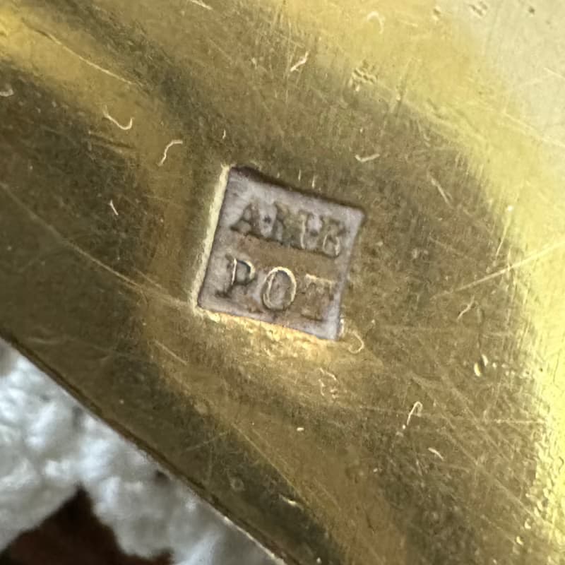 50647-典雅法國古董漿果匙 純銀柄 銅鍍金花卉雕飾匙面