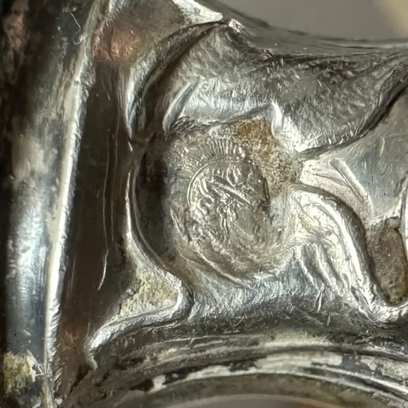 50647-典雅法國古董漿果匙 純銀柄 銅鍍金花卉雕飾匙面