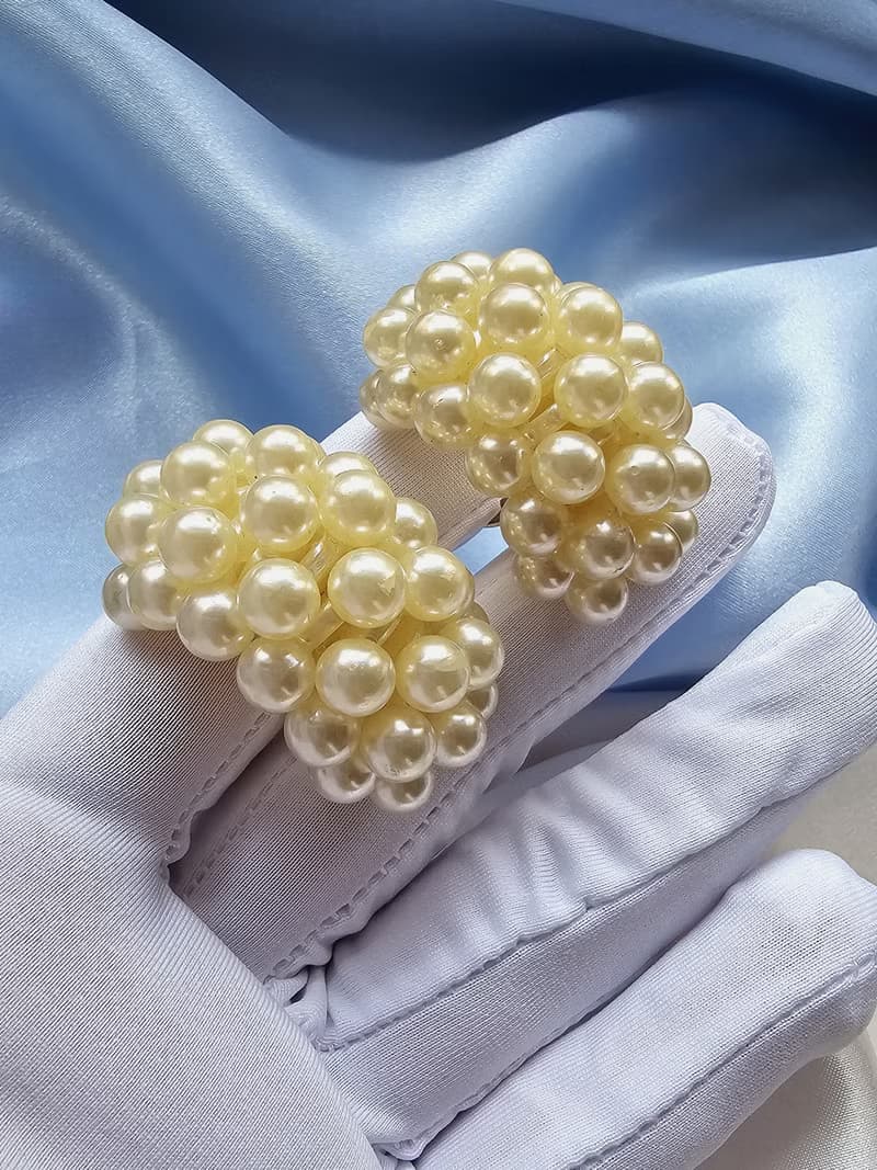 月彎多排珍珠摩登夾式耳環/vintage美國西洋古董飾品
