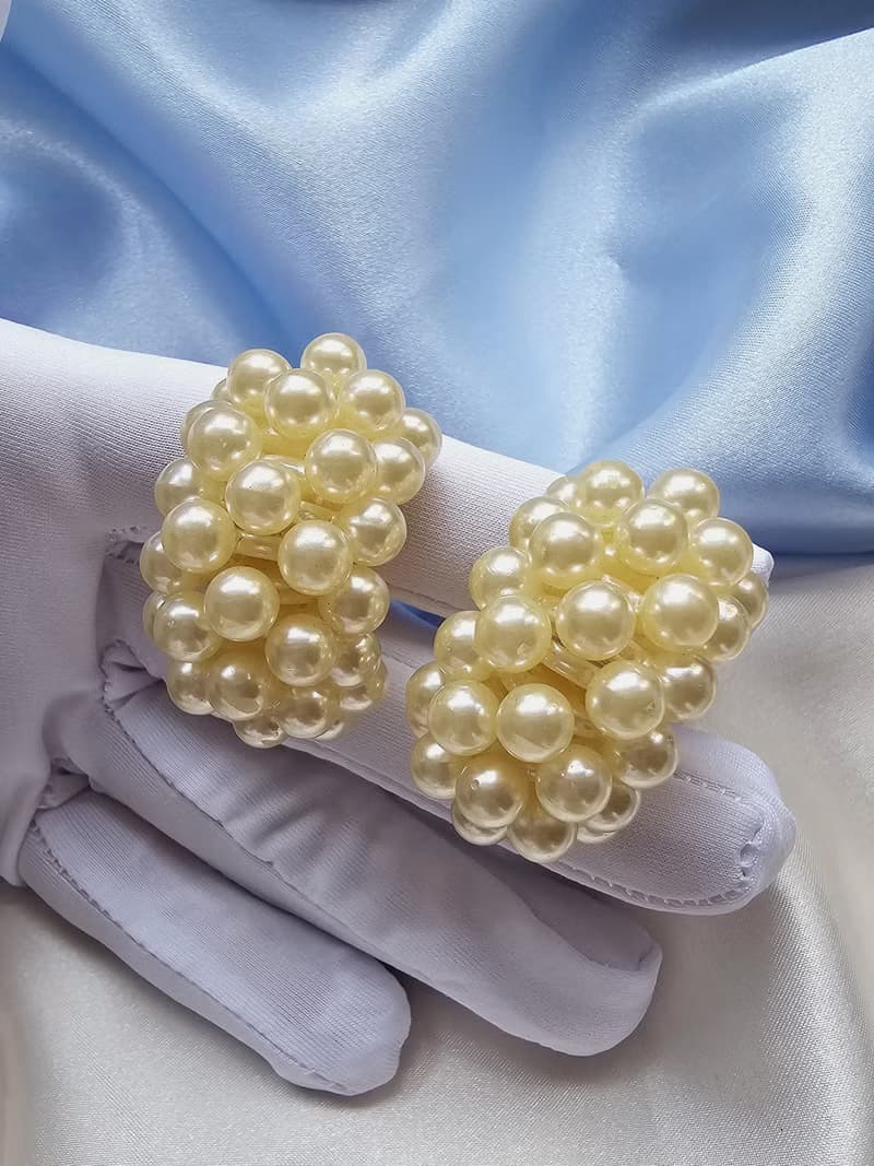 月彎多排珍珠摩登夾式耳環/vintage美國西洋古董飾品