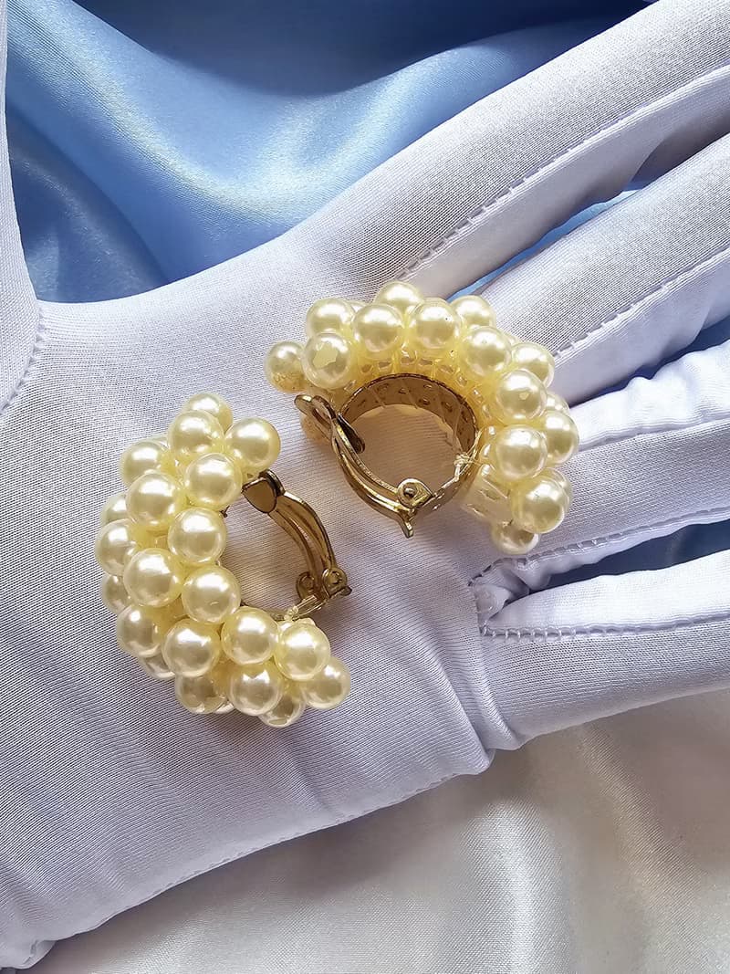 月彎多排珍珠摩登夾式耳環/vintage美國西洋古董飾品