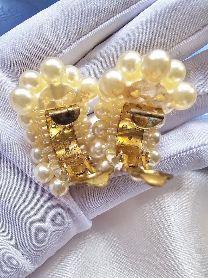 月彎多排珍珠摩登夾式耳環/vintage美國西洋古董飾品