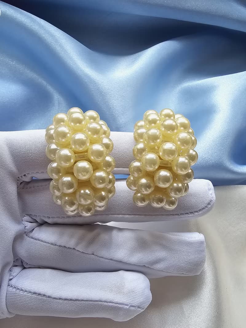 月彎多排珍珠摩登夾式耳環/vintage美國西洋古董飾品