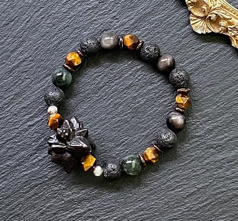 埃及預言石x銀曜石x切面虎眼石x火山岩x椰殼x綠髮晶925純銀手鍊