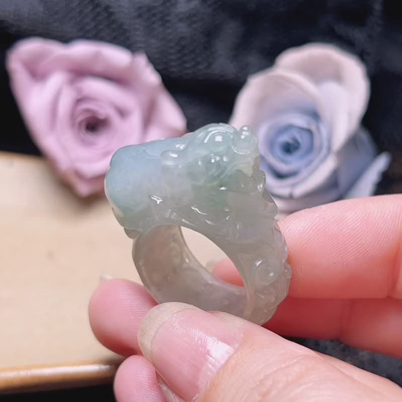 飄花翡翠貔貅戒指戒圈 | 國際15.5圍 | 天然緬甸玉翡翠A貨