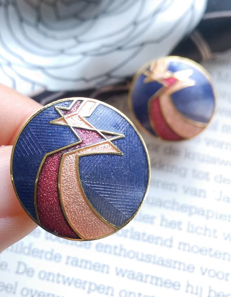 Vintage Jewelry  景泰藍 圓紫底 天堂鳥意象 夾式耳環