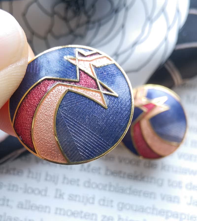 Vintage Jewelry  景泰藍 圓紫底 天堂鳥意象 夾式耳環