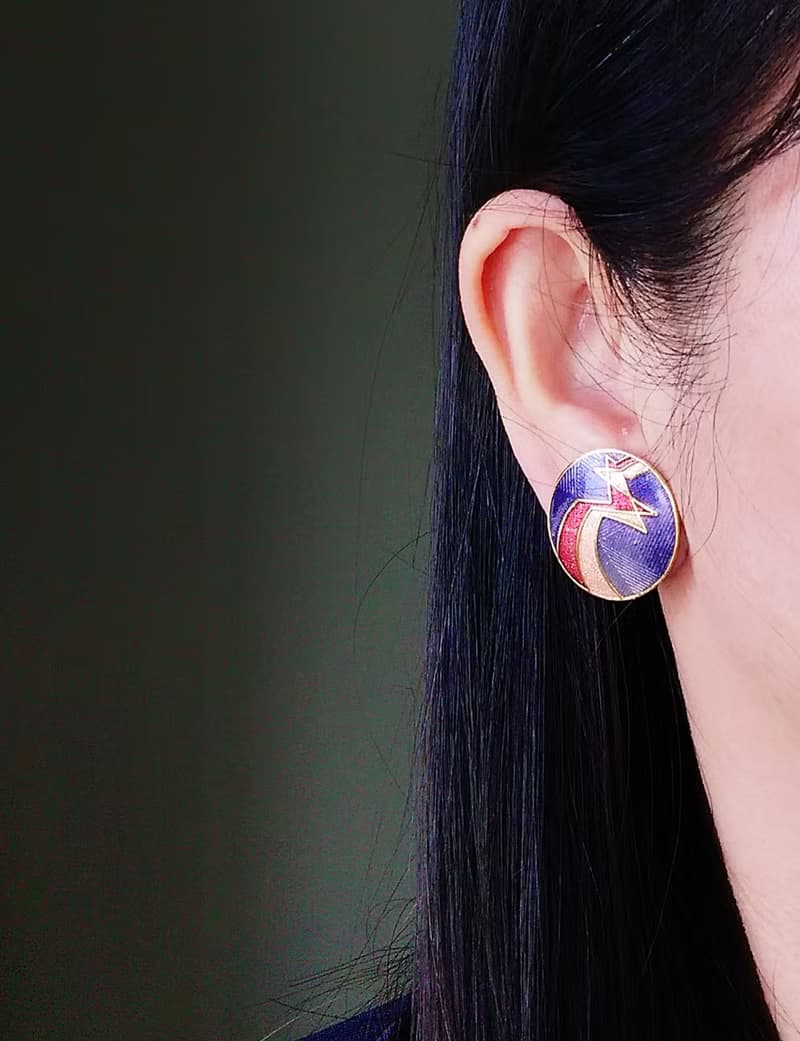 Vintage Jewelry  景泰藍 圓紫底 天堂鳥意象 夾式耳環