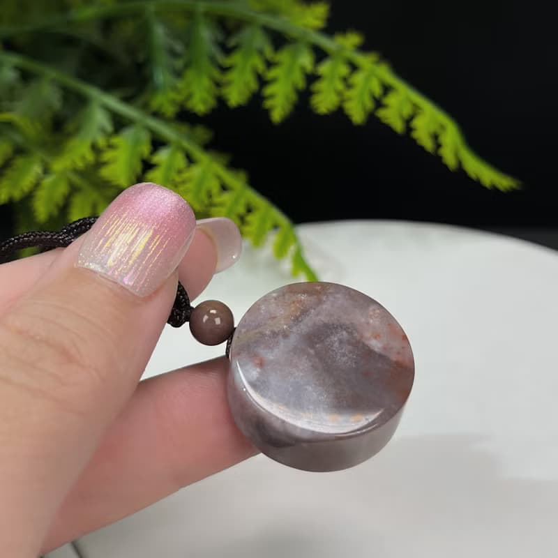 天然豆沙色飄紫珊瑚玉吊墜冰潤玉化胖圓牌光面菊花玉项錬驅災辟邪