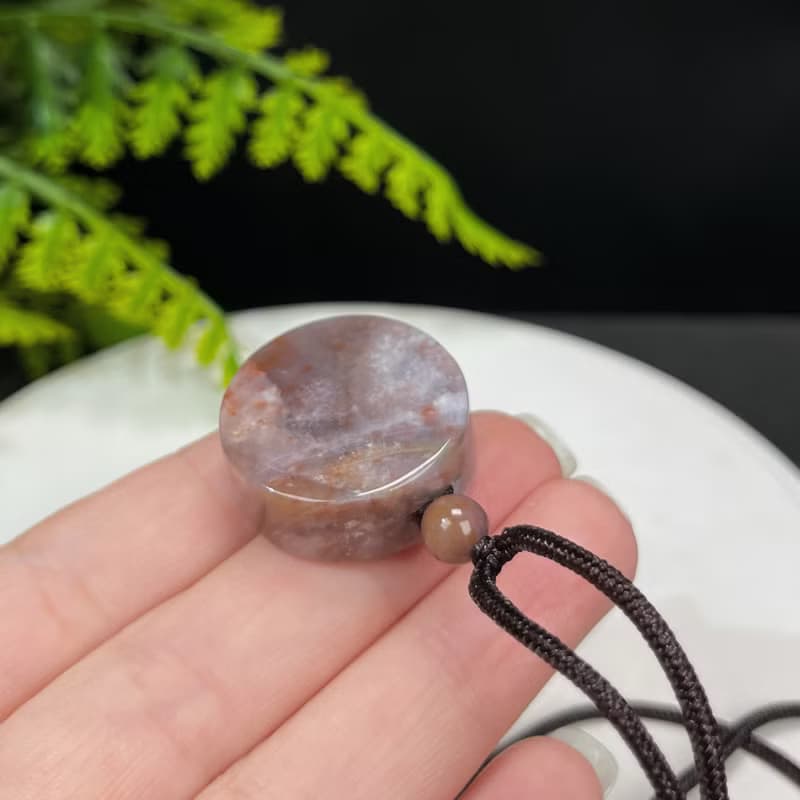 天然豆沙色飄紫珊瑚玉吊墜冰潤玉化胖圓牌光面菊花玉项錬驅災辟邪